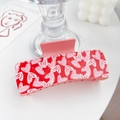 Elegant red hair claw clip with pink heart patterns and matching pink spring mechanism - White Love - Rectangle