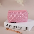 Pink quilted down makeup bag with diamond stitching and high-gloss finish - Pink