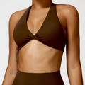 Dunkelbrauner Sport-BH mit Neckholder und Knotendetail für Yoga und intensives Training - S / Birken-Tee-Braun