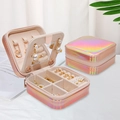 Portable iridescent pink PU jewelry box with zipper closure and velvet interior - Colorful Mirror Style / Pink Multi