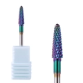 Macro view of iridescent nail drill bit with cross-cut texture on white stand - Iridescent Fine Tapered Cross-cut Grinding Head (HJ-10)