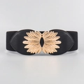 Close-up of golden sunflower alloy buckle on a black elastic waist belt for women - Black