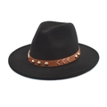 Classic black wool fedora hat with brown leather band and metal rivet accents - M (56-58cm) / Black