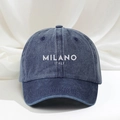Vintage navy blue washed denim baseball cap featuring white Milano Italy printed text - One Size / Navy Blue