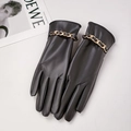 Gants pour femmes en similicuir noir avec chaîne dorée élégante et doublure chaude - Noir