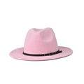 Detail of pink wool fedora hat featuring a thin black leather belt with golden buckle - Adult 57-60cm / Pink