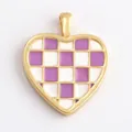 Golden heart pendant with purple and white checkered oil-dripping enamel pattern - ABG0614-Lavender Checkerboard (Heart)