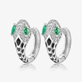 S925 sterling silver snake hoop earrings with clear diamonds and green gemstone eyes - Snake Earrings (KE23048) / Silver