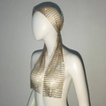 Macro detail of golden metal mesh headpiece featuring colorful sparkling rhinestones - Long Style / Gold