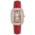 Elegant rose gold women's watch with rhinestone bezel and red crocodile leather strap - Red