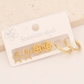 Detail view of gold stainless steel earring set featuring star and floral stud designs - Star & Rose Flower Hoop Earring Set (6#)