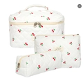 Three-piece quilted cotton makeup bag set with red cherry print in white - Big Cherry
