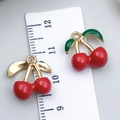 DIY red cherry pendant with green leaves and gold metal base for jewelry making - Joined Cherry (23401)