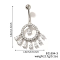 Makroaufnahme von silbernem Bauchnabelpiercing mit Zirkonia-Tropfen und Maßen - Silber (E01694-3)