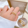 Detail view of double-layered pearl and zircon gold ring with 2g weight and 18mm diameter - Adjustable Open / Real Gold Plated Gold