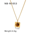 Detail of 18k gold plated square pendant with inlaid natural tiger eye stone and dimensions - Square Base Round Tiger Eye Style (NB-N1053) / Gold