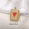 Gold tarot card pendant with red heart, zircon inlay and All You Need Is Love engraving - Gold Heart Text