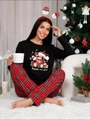 Pigiama con maglia nera stampa orso di Natale e pantaloni scozzesi rossi per Capodanno - S / Orso figo / Manica lunga