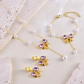 Parure bijoux papillon dorée avec perles blanches et cristaux de cœur violets - Ensemble trois pièces