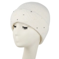 Women's warm winter knit hat in cream white featuring faux pearls and sparkling rhinestones - L(58-60cm) / White