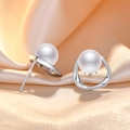 Elegant white pearl stud earrings with minimalist silver curved metal on silk background - Platinum Streamline Pearl Stud Earrings (C15)