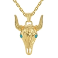 Western stijl stierenschedel ketting met turquoise ogen en bloemmotief gravure - Koper Verguld 18K Goud / Goud