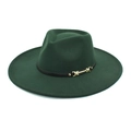 Detail of dark green fedora hat featuring a black leather band and gold metal buckle - M (56-58cm) / Dark Green