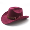 Detail view of dark red suede cowboy hat featuring brown belt and gold horsebit buckle - M(56-59CM) / Wine Red (Faux Suede)