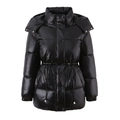 Women's black mid-length hooded jacket with glossy waterproof finish and drawstring waist - S / Black