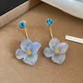 Close-up of elegant resin flower earrings with blue crystal studs and gold accents. - Style 17 (Silver Pin-Gold)