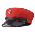 Detail of red captain hat with black leather brim and silver metal anchor emblem - M (56-58cm) / Anchor Style Red