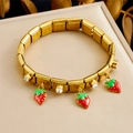 Macro di bracciale dorato in acciaio inossidabile con fragole smaltate rosse e cristalli - Stile Fragola (B1717)