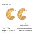 Close-up of gold stainless steel C-hoop earrings featuring quilted texture and size specs - Rhombus Woven Texture Style (YYE023374)