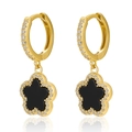 Golden 925 silver hoop earrings with black onyx clover charms and sparkling zircon border - Hoop Earrings-Gold