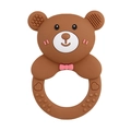 Brown silicone bear teether with pink bow and textured massaging surface for babies - Bear Rattle Teether / Brown
