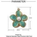 Detail view of enamel flower pendant with pearl, showing dimensions 22mm by 20mm - YE739-1-Teal Pearl Flower