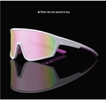 Detail of white sports sunglasses with pink-green gradient lens on reflective surface - Matte White Frame Pink Mirror Lens