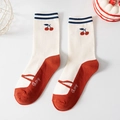 Japanese style white cotton crew socks with red cherry pattern and Mary Jane shoe design - One Size / Double Striped Cherry (Mary Jane Style)