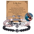 Pink marble and black lava stone couple beads bracelets with custom photo projection heart - Pink Marble Pattern & Black Lava Stone Set (Couple Bracelet-9)