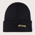 Classic black knitted beanie with yellow 'still sleepy' embroidery for winter warmth - Still Sleepy Letter - Black