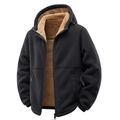 Men's black fleece jacket with thick brown sherpa lining and adjustable hood - M / Tops / Black