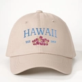 Beige washed cotton baseball cap with blue Hawaii EST 1959 floral embroidery design - Light Khaki