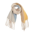 Détail d'une écharpe à blocs de couleurs avec de gros glands en beige bleu et jaune - 03# Kaki