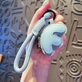 Cute light blue leather alphabet keychain with woven wristlet and black metal ring - Letter F