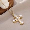 Elegant gold cross necklace with inlaid white pearls on an O-chain for a vintage jewelry look - Elegant Gold Hollow Cross Style (F)