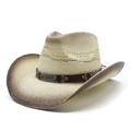 Ethnic straw cowboy hat with metallic studs and vintage gradient brim on white background - Rivets Hollow Design (Ivory 02)
