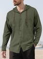 Close-up of olive green hooded cotton shirt with buttons and drawstring on beach - Army Green