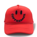 Detail of red trucker hat with black COFFEEDAZE smiley face embroidery and mesh back - All Red