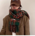 Classic green and red plaid knit scarf with soft tassels for winter style - Retro Korean Green Plaid