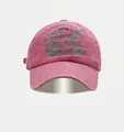 Vintage washed cotton baseball cap in rose red with green embroidered slogan and metal buckle - Adjustable / Pink